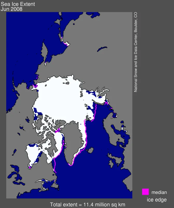 Arctic sea ice extent for June 2008