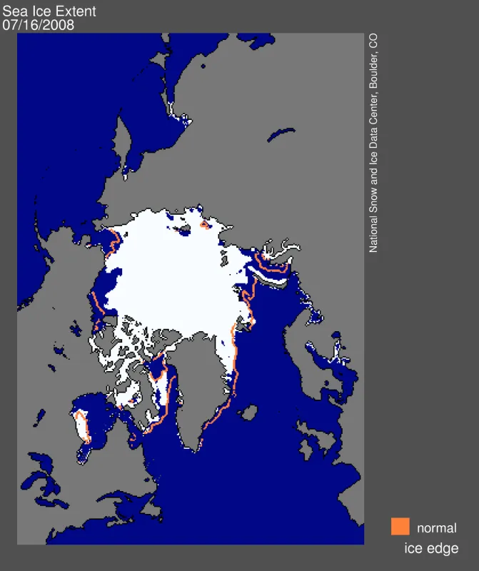 Daily Arctic sea ice extent for July 16, 2008