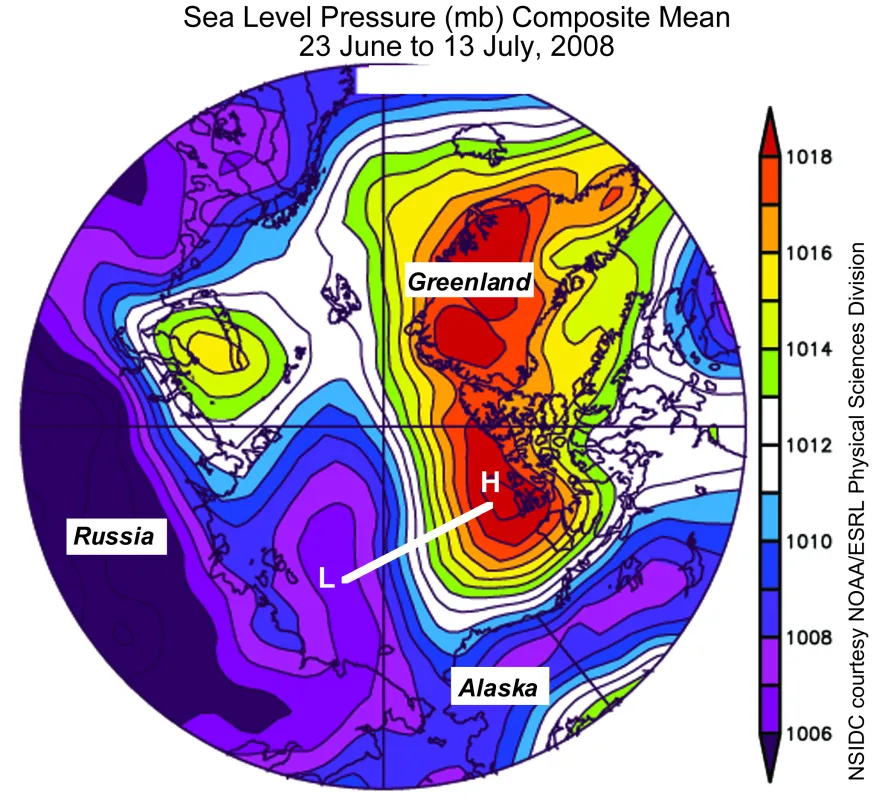  Above is a map of sea-level pressure, averaged for the the three-week period from June 23 through July 13, 2008.