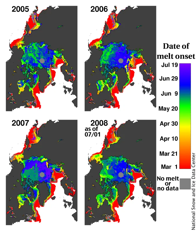 The colors in the above image indicate date of onset of melt over the Arctic Ocean.