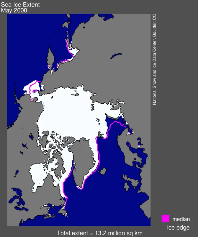 Arctic sea ice extent for May 2008