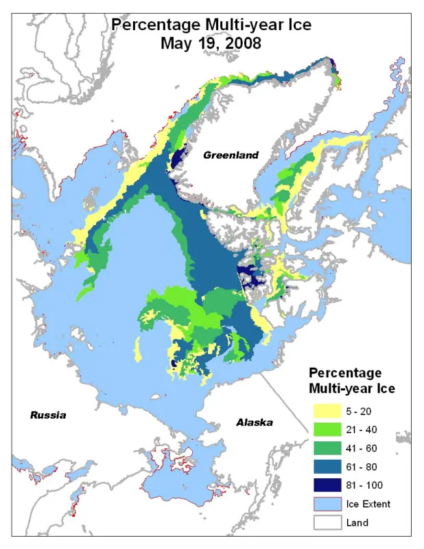 This United States National Ice Center analysis shows the percentage of multi-year