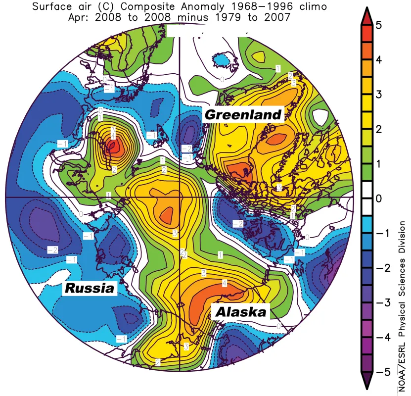  The spatial pattern of surface air temperature anomalies for April 2008