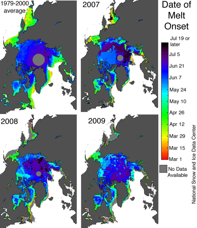 Colored map of date of melt onset.