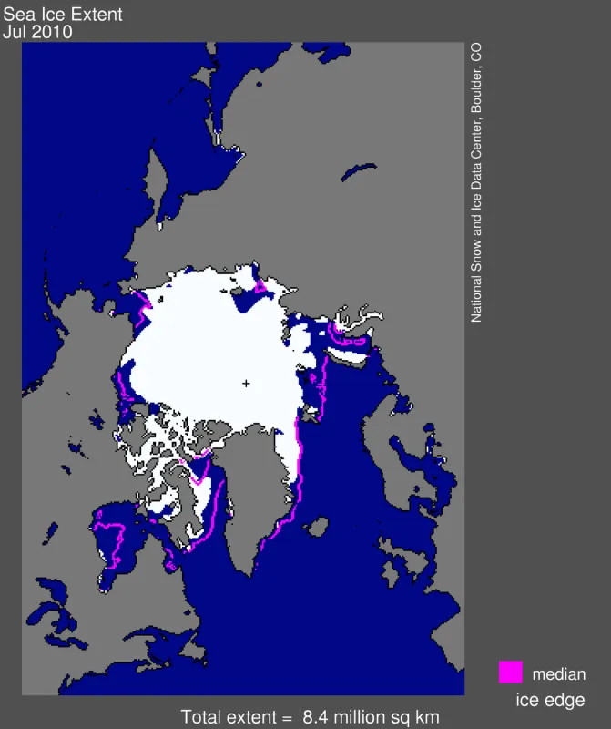  Arctic sea ice extent for July 2010 was 8.39 million square kilometers (3.24 million square miles).