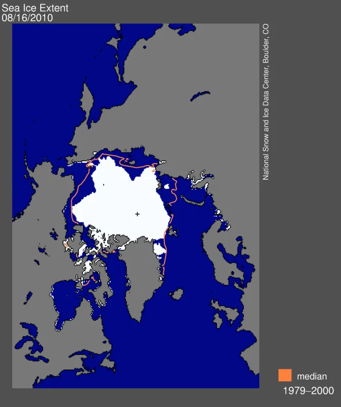  Daily Arctic sea ice extent on August 16 was 5.95 million square kilometers (2.30 million square miles).