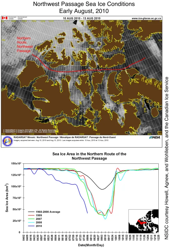 This image, from the Canadian Space Agency’s RADARSAT-2 satellite, shows the northern route of the Northwest Passage this August.