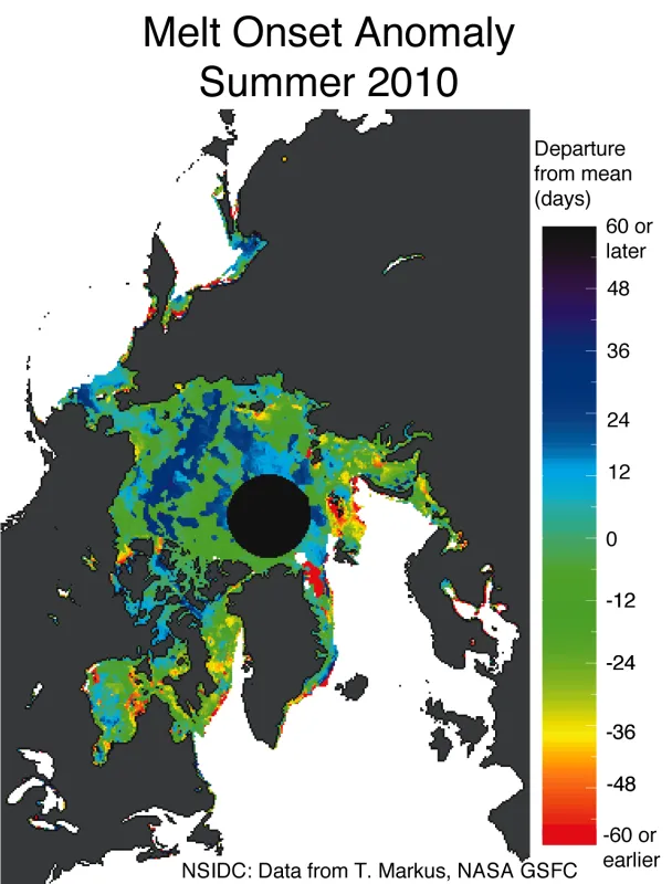 This image shows melt onset anomalies in the Arctic Ocean for 2010.