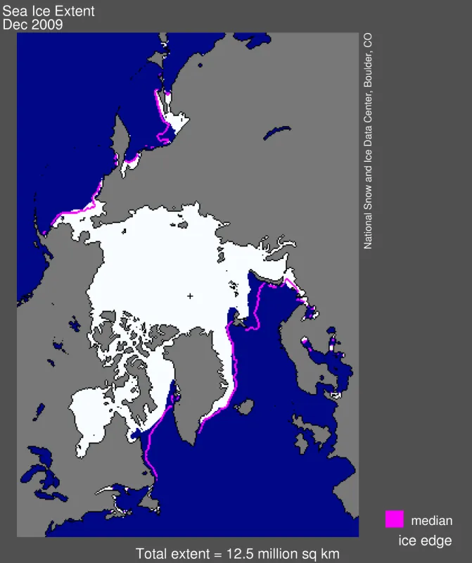 Arctic sea ice extent for December 2009 was 12.48 million square kilometers (4.82 million square miles).