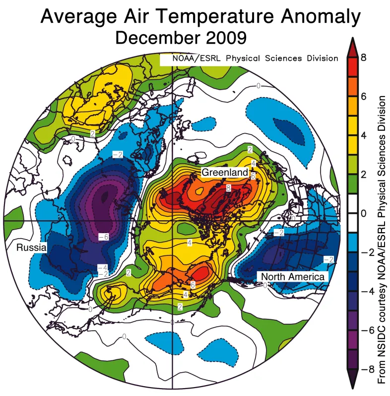 . Map of air temperature anomalies for December 2009, at the 925 millibar level (roughly 1,000 meters [3,000 feet] above the surface) for the region north of 30 degrees N, shows warmer than usual temperatures over the Arctic Ocean and cooler than normal temperatures over central Eurasia, the United States and southwestern Canada. 