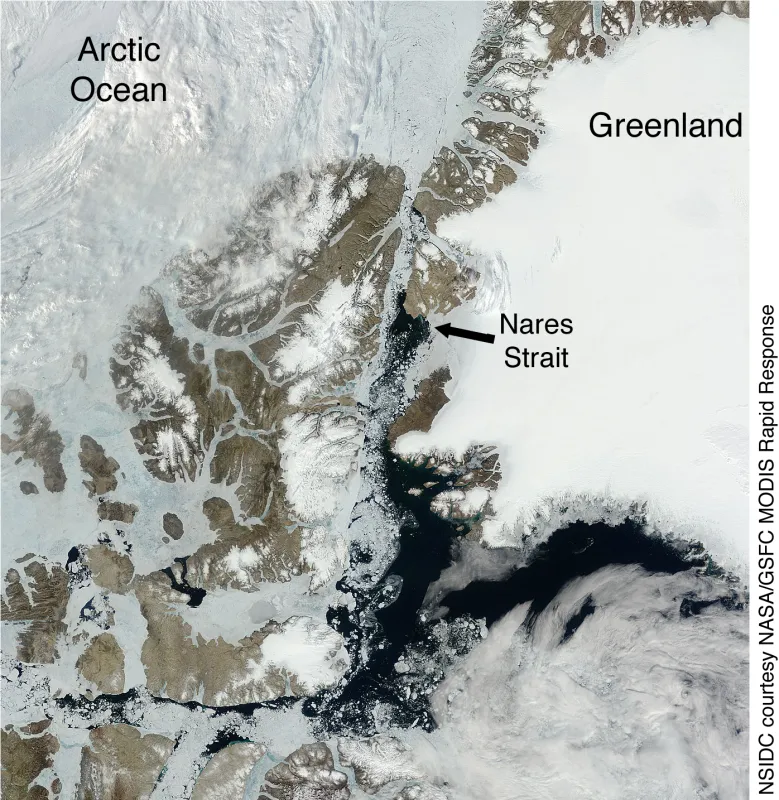 This satellite image, shows that Nares Strait was open and sea ice was flowing through it.