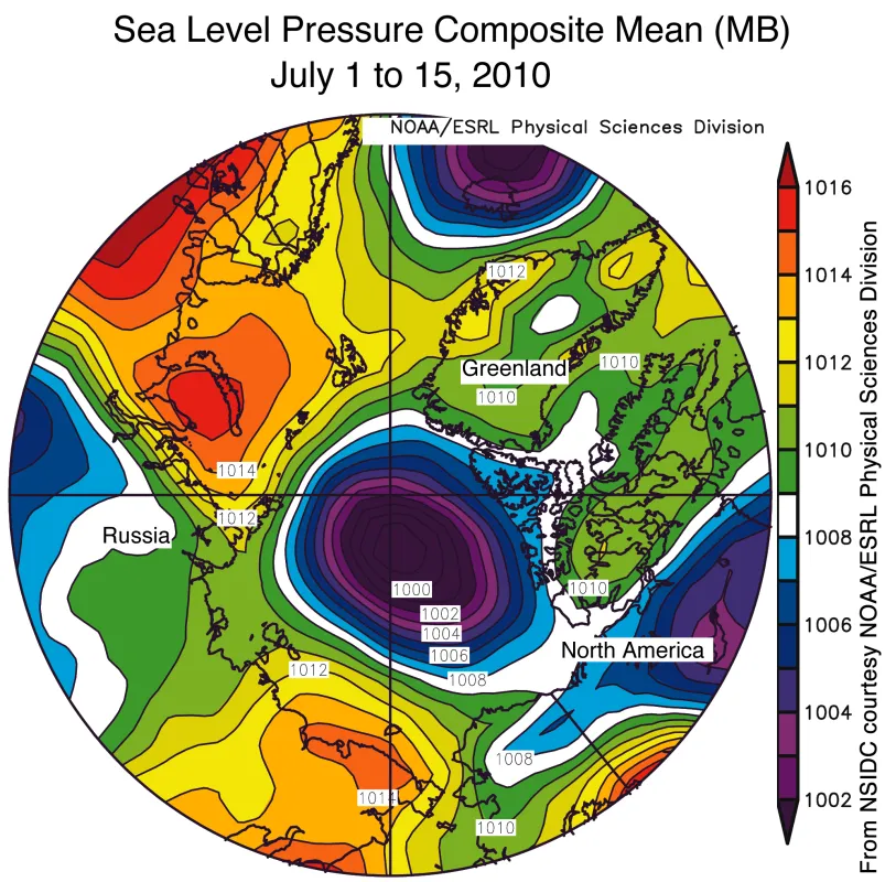 This map of sea level pressure for July 1 to 15, 2010.