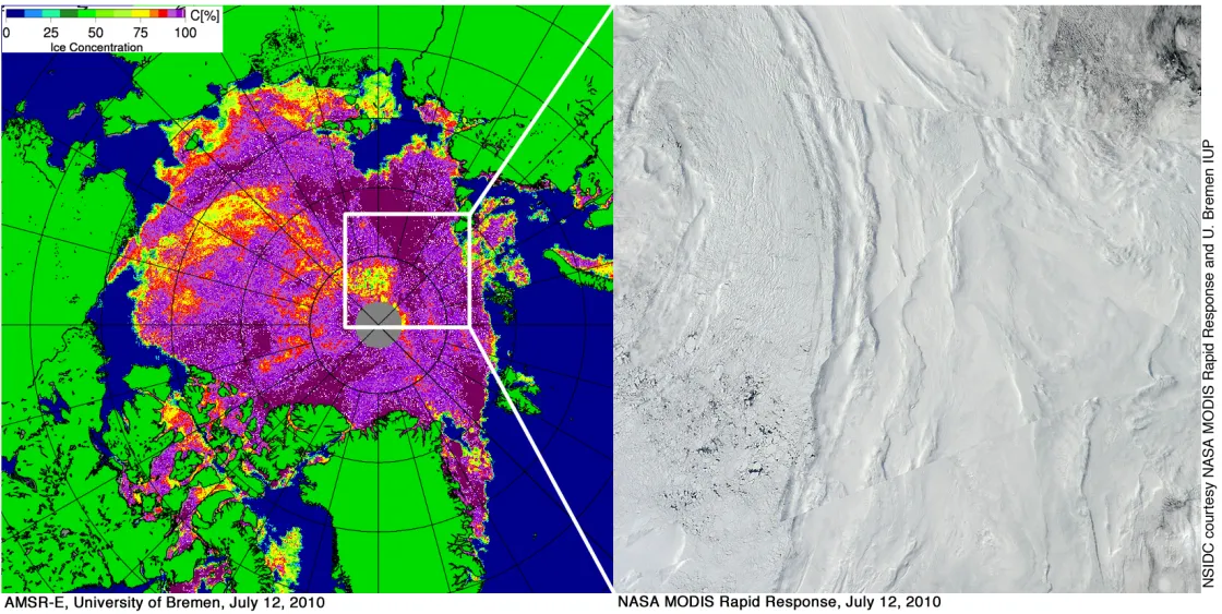 NASA Advanced Microwave Scanning Radiometer – Earth Observing System (AMSR-E) (left) may show areas of low ice concentration