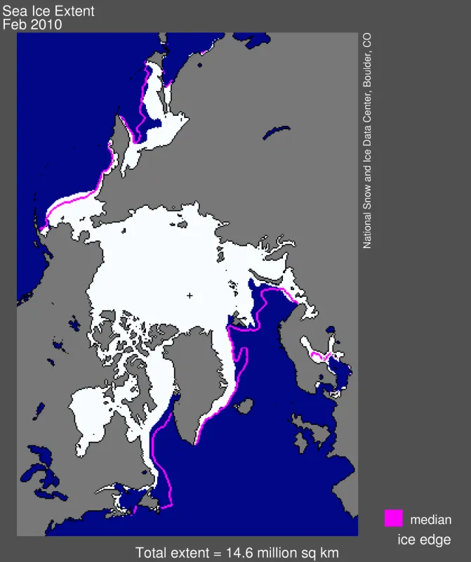  Arctic sea ice extent for February 2010 was 14.58 million square kilometers (5.63 million square miles).