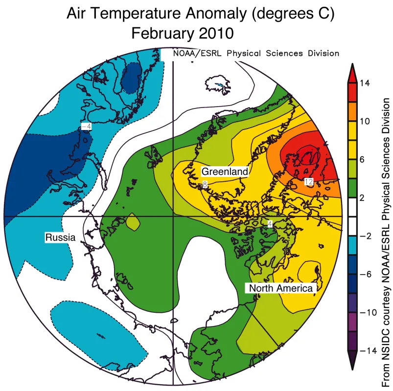 Map of air temperature anomalies for February 2010, at the 925 millibar level (roughly 1,000 meters or 3,000 feet above the surface) shows warmer than usual temperatures over the Arctic Ocean, with especially warm temperatures over Eastern Canada.