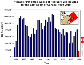 The blue bars represent the average sea ice area on Canada’s east coast for the first three weeks of February, from 1969 to 2009.