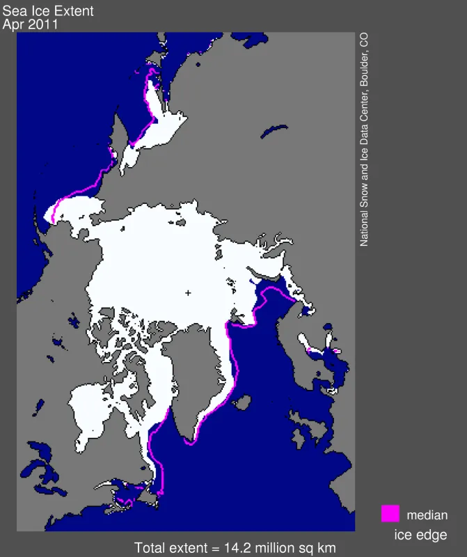  Arctic sea ice extent for April 2011 was 14.15 million square kilometers (5.46 million square miles). 