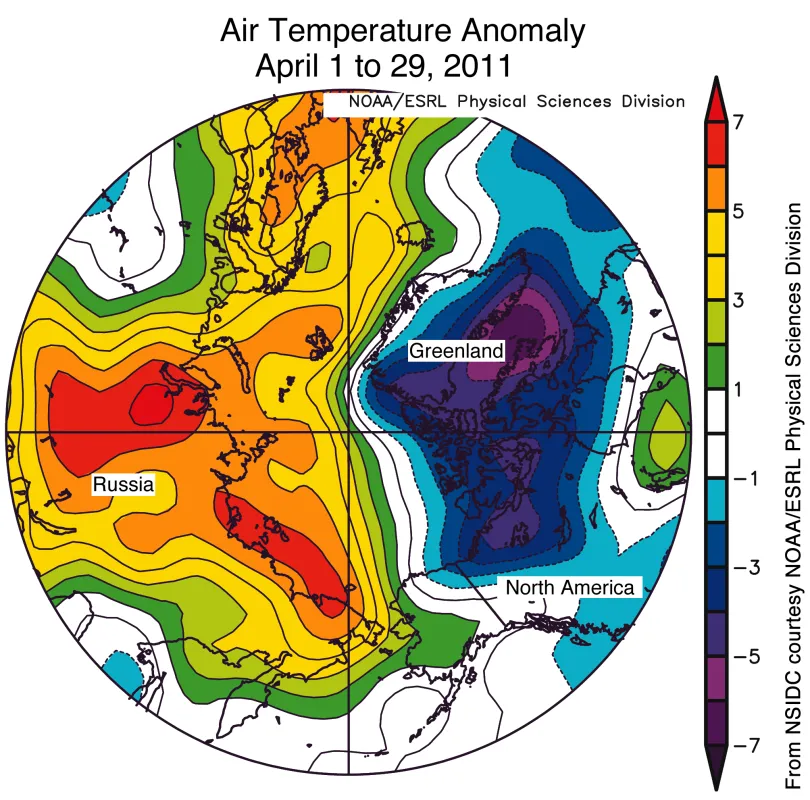 The map of air temperature anomalies for April 1 to 29, 2011 show warmer-than-normal conditions over Russia and the eastern Arctic, with coolder-than-normal conditions over North America and Greenland.