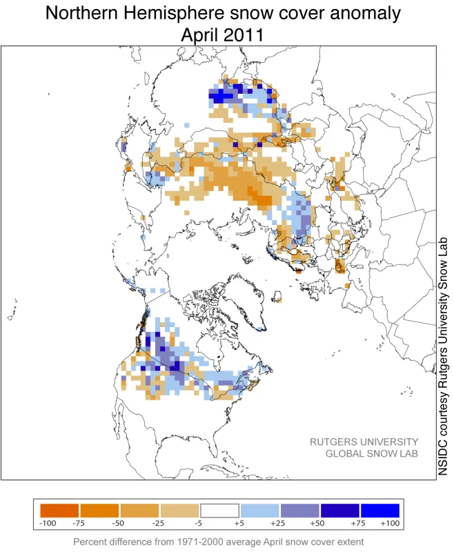 This snow cover anomaly map for April 2011 shows the difference between snow cover this April, compared with average snow cover for April 1971 to 2000.