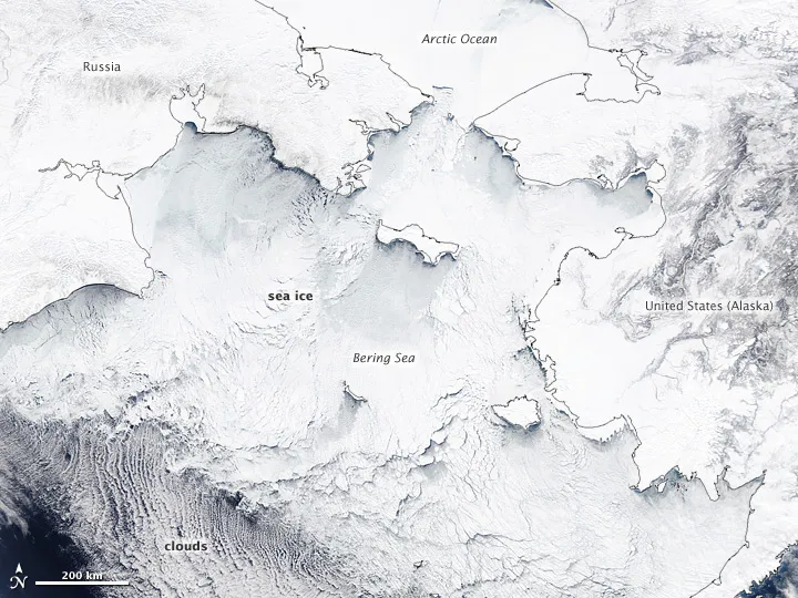 Shows extensive sea ice cover in the Bering Sea on March 18, 2012.