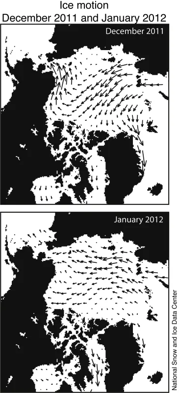 Monthly average sea ice motion for December 2011 (top) and January 2012 (bottom).