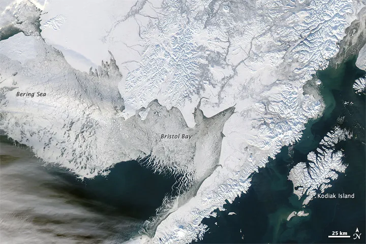 Shows heavy sea ice conditions in Bristol Bay and the Bering Sea, off the western coast of Alaska.