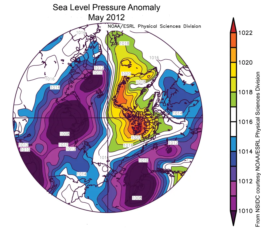  This map of sea level pressure anomalies for May 2012 shows that low pressure continued to dominate off of southern Alaska.