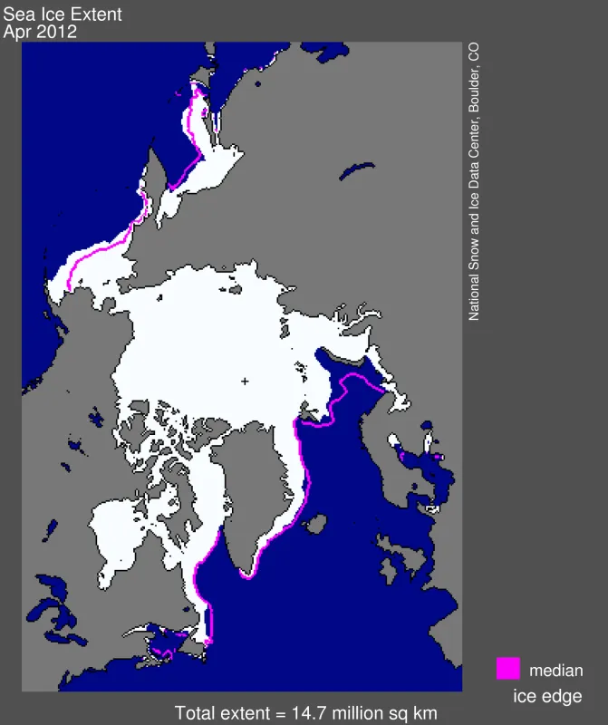 Arctic sea ice extent for April 2012 was 14.73 million square kilometers (5.69 million square miles).