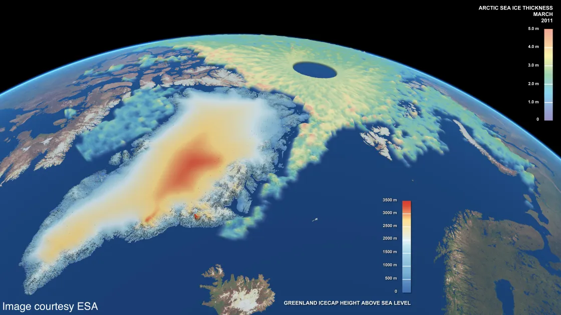 This map shows Arctic sea ice thickness, as well as the elevation of the Greenland Ice Sheet, for March 2011.