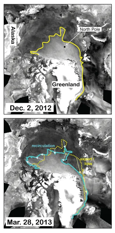 For December 2, 2012 (top) and March 28, 2013 (bottom) show the change in multiyear ice coverage over the winter season, as outlined by the colored lines. 