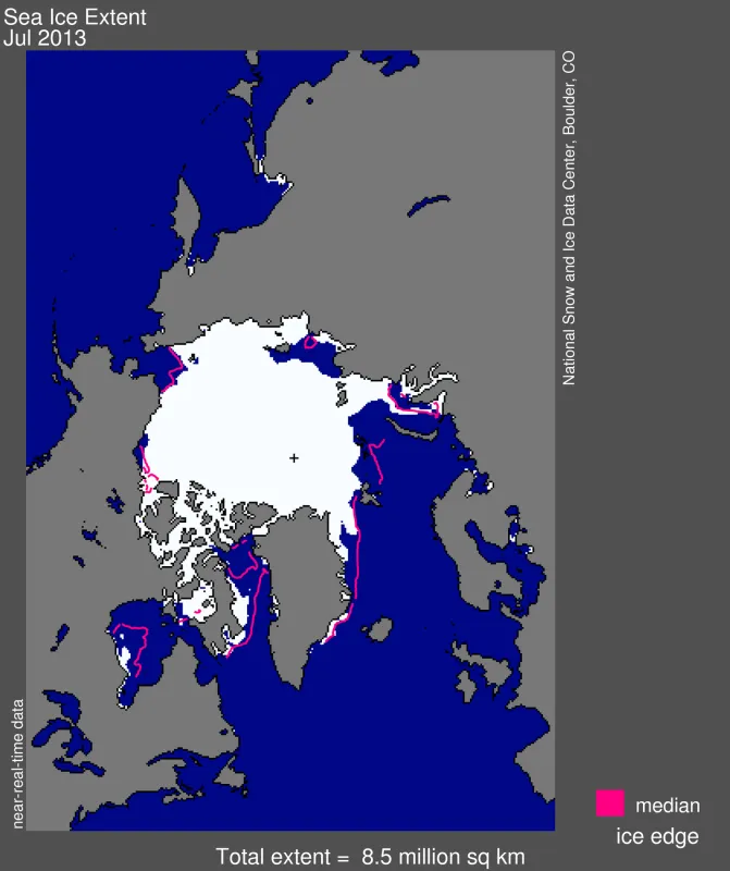 Arctic sea ice extent for July 2013 was 8.45 million square kilometers (3.26 million square miles). 