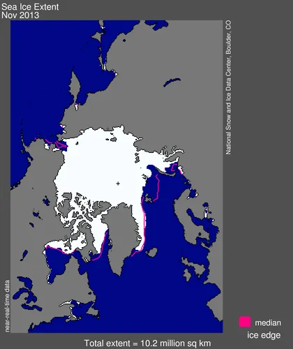 Arctic sea ice extent for November 2013 was 10.24 million square kilometers (3.95 million square miles).