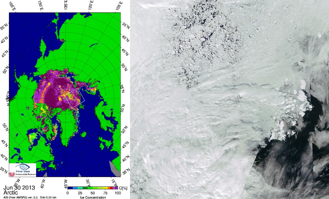 High-resolution passive microwave data from AMSR2 on June 26, 2013 (left image). Visible imagery from MODIS on June 27, 2013 (right image).