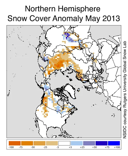 This snow cover anomaly map shows the difference between snow cover for May 2013.