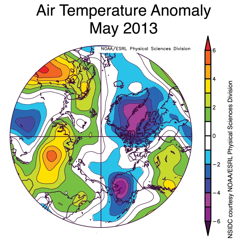 This image shows air temperature anomalies at the 925 hPa level averaged for May 2013.