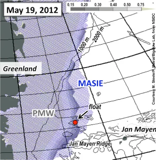  This image shows sea ice cover in early May, 2012 in the east Greenland Sea.