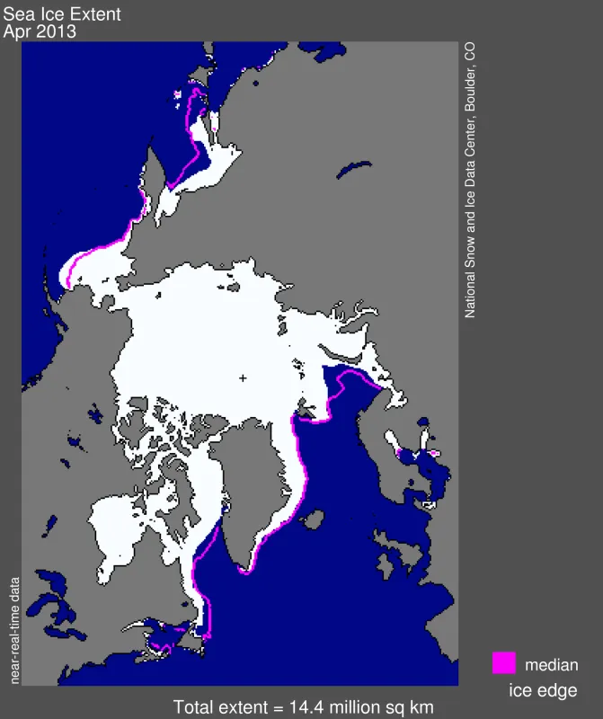 Arctic sea ice extent for April 2013 was 14.37 million square kilometers (5.54 million square miles).