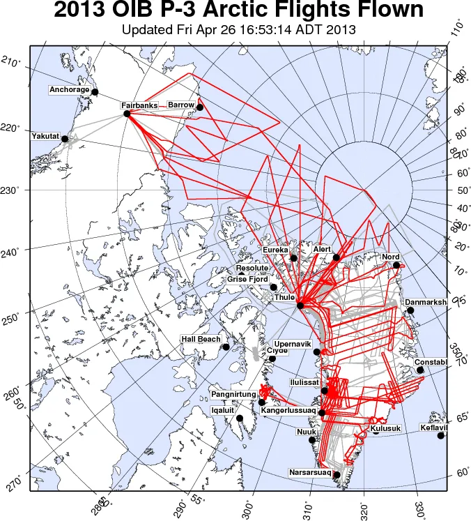 This chart shows the flight tracks of IceBridge P-3 aircraft flights over the Arctic through April 26, 2013.