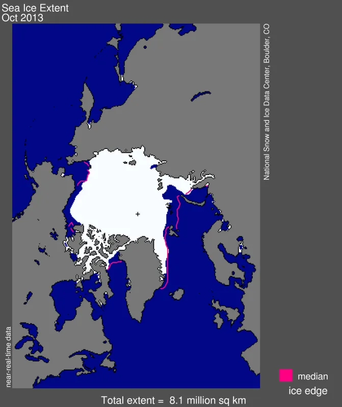 Arctic sea ice extent for October 2013 was 8.10 million square kilometers (3.13 million square miles).