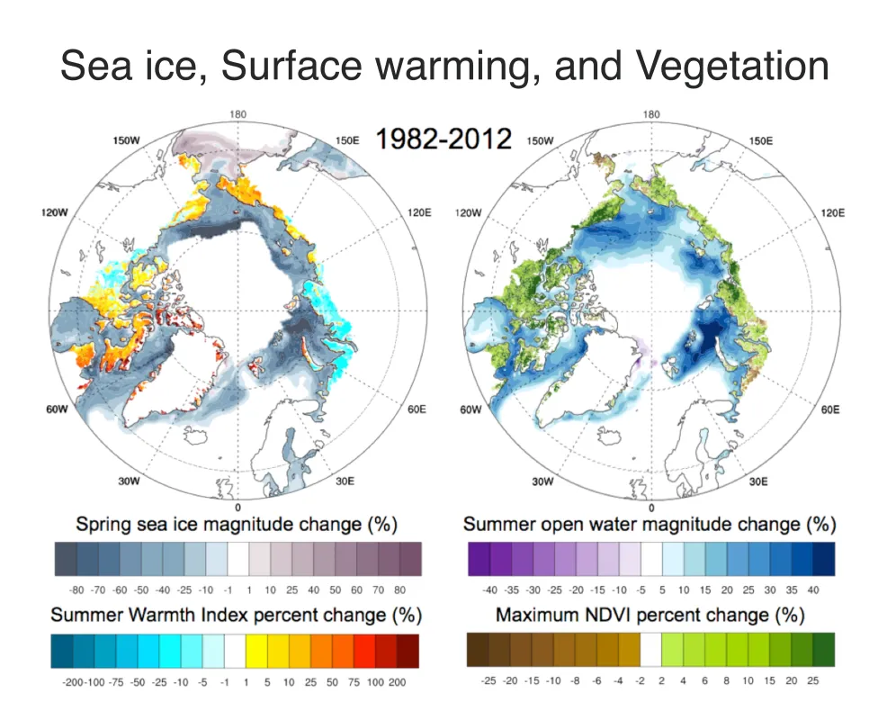 These charts show trends in spring sea ice, land surface warmth, open water area, and vegetation from 1982 to 2012.