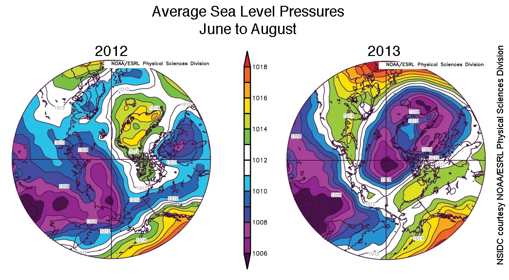 These images show June to August sea level pressures compared to the 1981 to 2010 average, for 2012 (left) and 2013 (right).