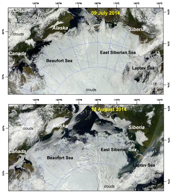 This image shows true-color composites of the Arctic for July 9, 2014 and August 12, 2014.