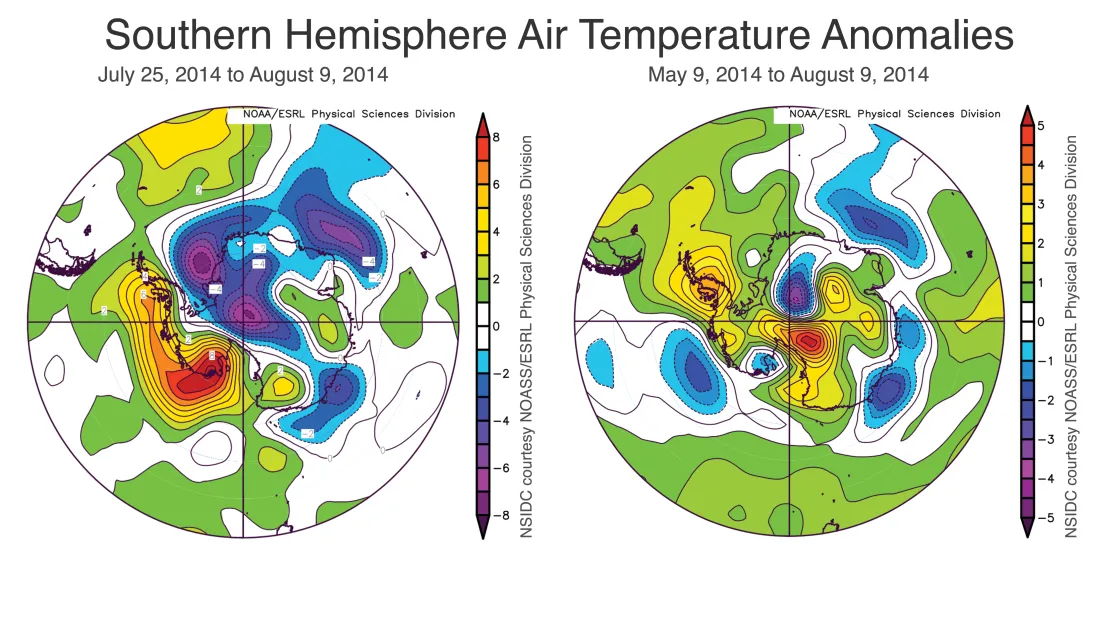 These images show air temperatures in the Southern Hemisphere at 925 mb (about 2500 feet above sea level).