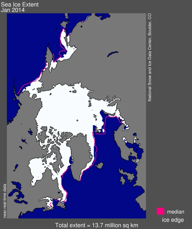 Arctic sea ice extent for January 2014 was 13.73 million square kilometers (5.30 million square miles). 