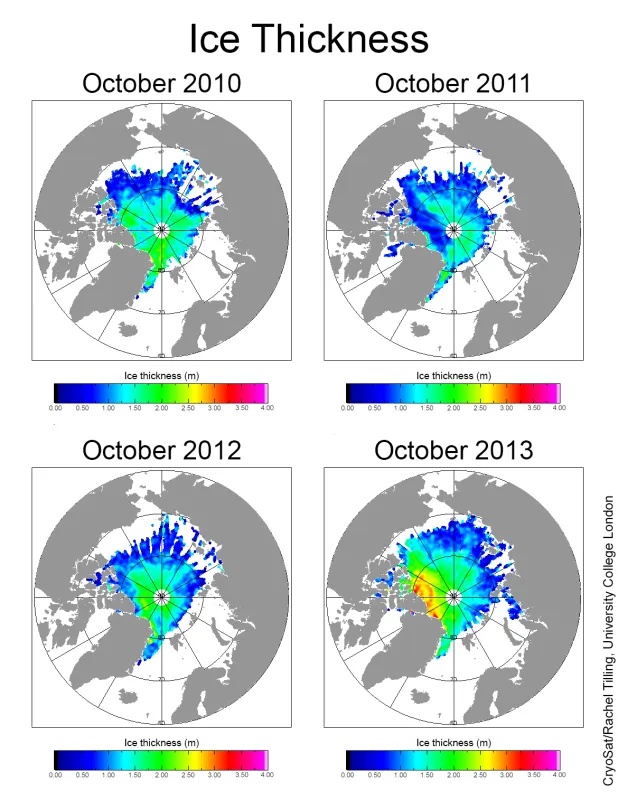 This series of images from the European Space Agency CryoSat satellite compares Arctic sea ice thickness for the last four Octobers.