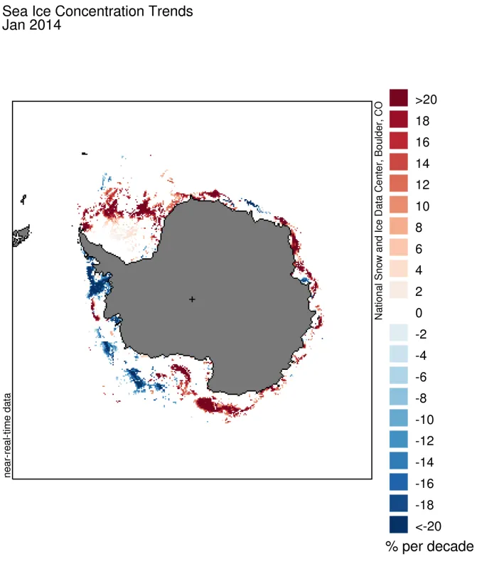 The line graph above shows Antarctic sea ice extent as of February 3, 2014, along with daily ice extent data for the previous four years.