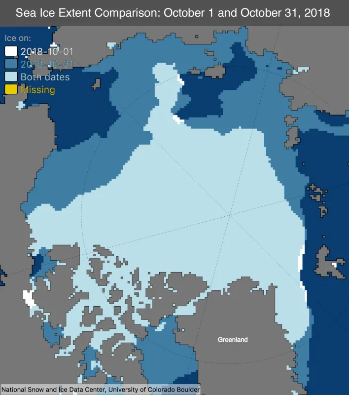 Maps shows the difference between sea ice extent on October 1 and October 31, 2018.