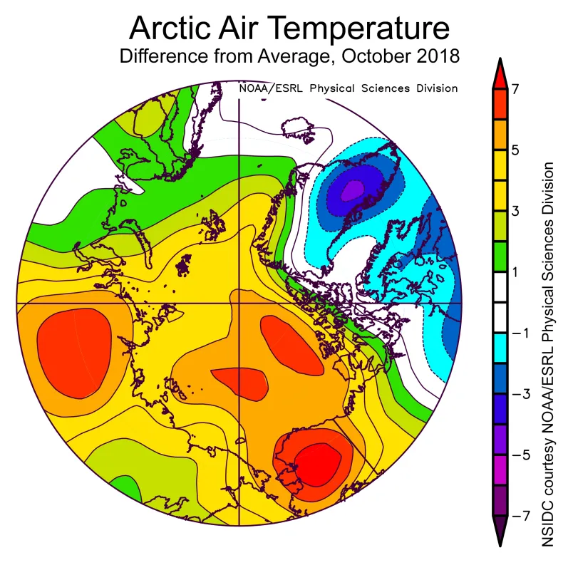 Plot shows departure from average air temperature in the Arctic at the 925 hPa level, in degrees Celsius, for October 2018.