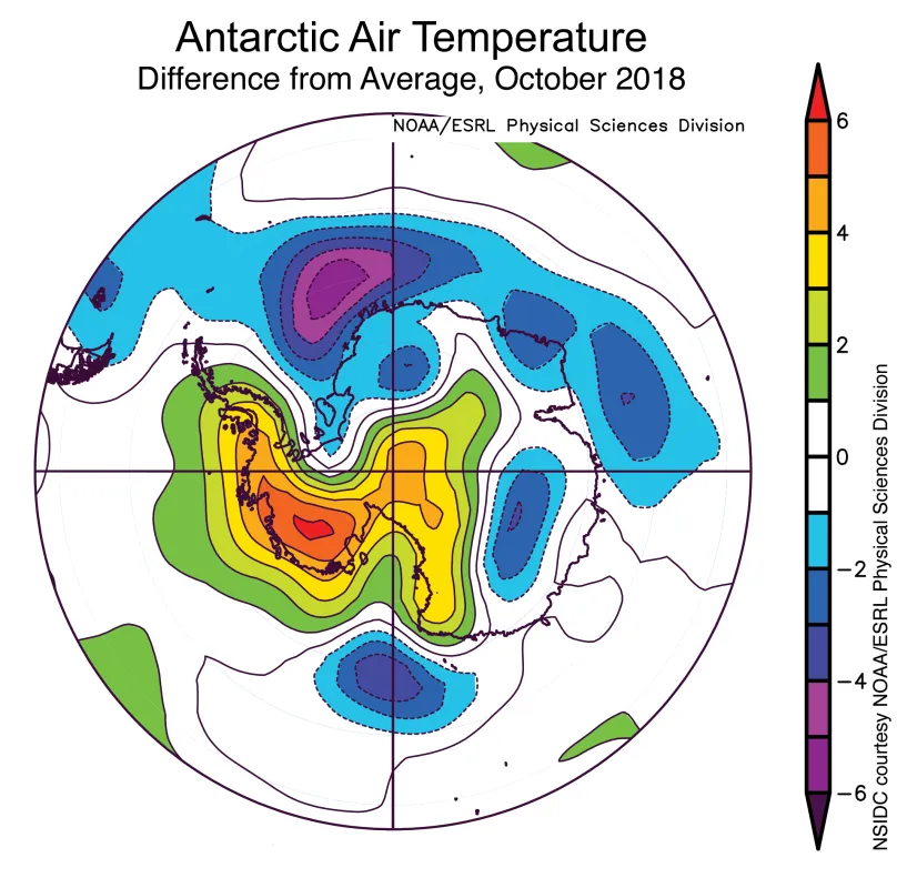 Plot shows the departure from average air temperature in Antarctica at the 925 hPa level, in degrees Celsius, for October 2018.