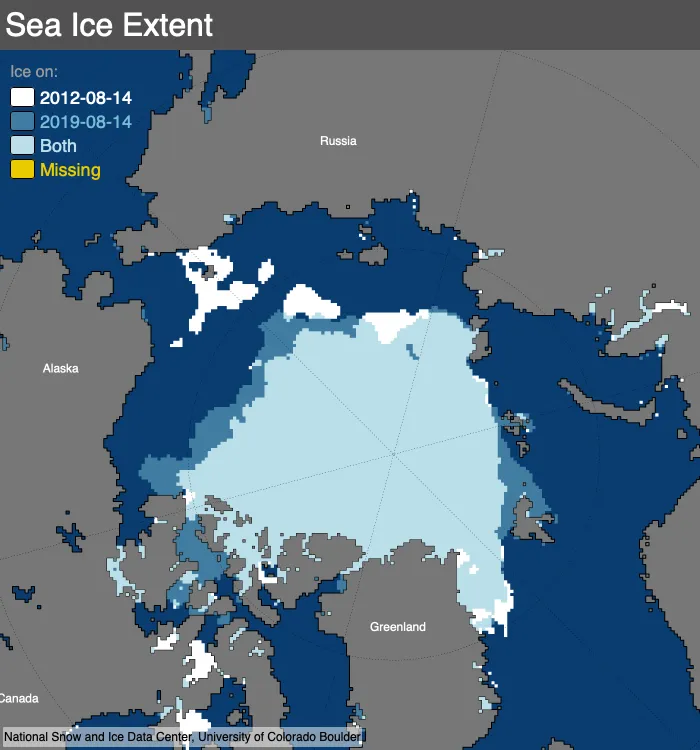 Map compares Arctic sea ice extents between August 14, 2012 and August 14, 2019 from the NSIDC comparison tool.